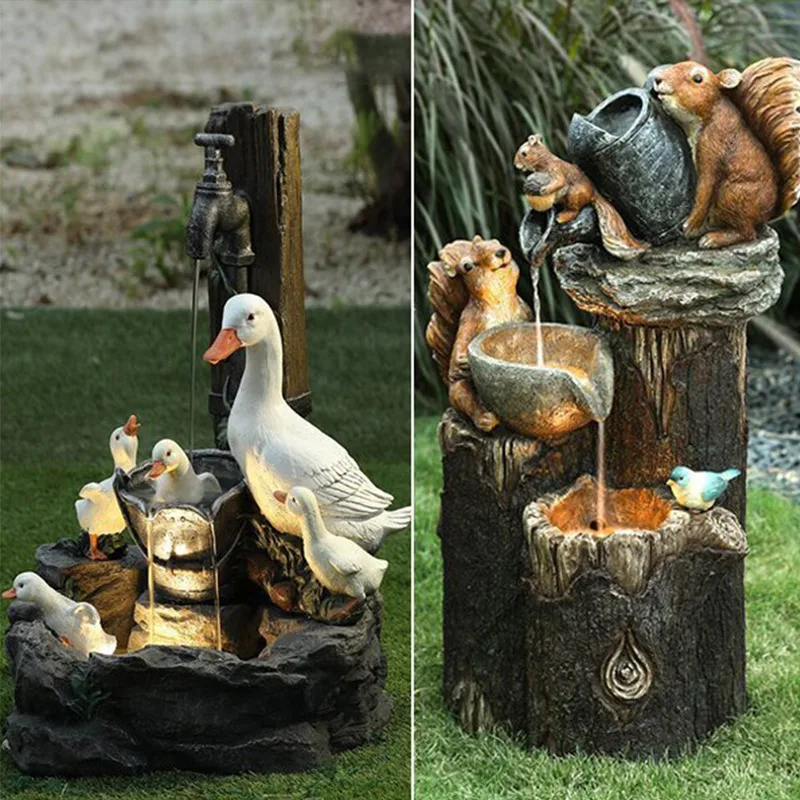 

Duck Squirrel Solar Power Resin Fountain Garden Design With Led Solar Light Patio Decoration Outdoor Sculpture Gardening Gifts