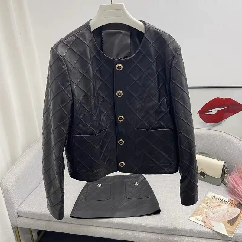 

Genuine Leather Coat 2023 Autumn/Winter New Fashion Elegant Urban Small Fragrance Checked Large Pocket Top Sheepskin Coat