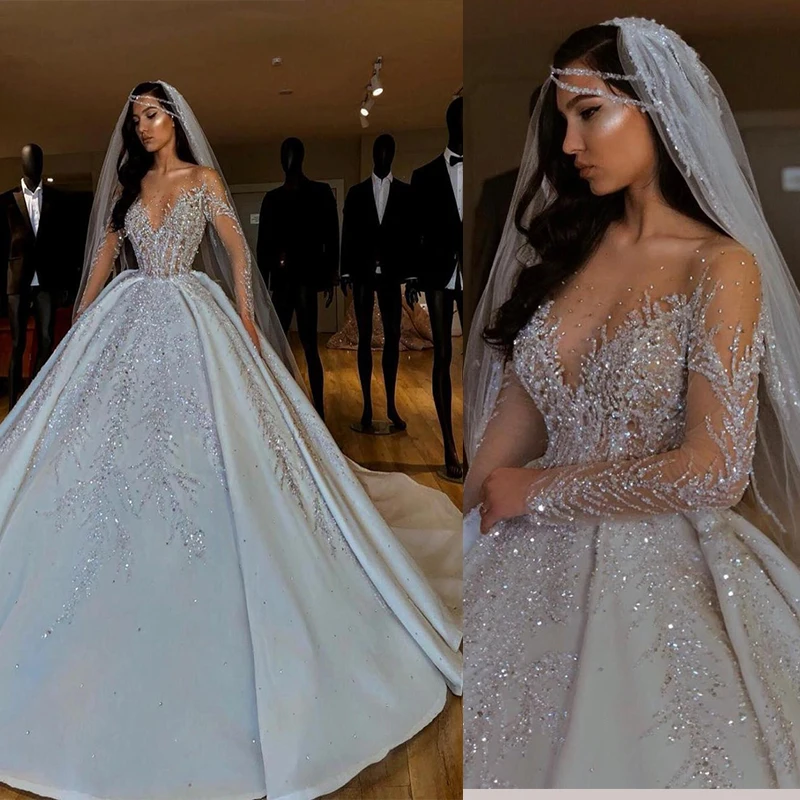 

New Arrivals Luxurious Hot African Wedding Dresses Sheer Neck Long Sleeves Bridal Dresses Beaded Crystal Satin Wedding Gowns