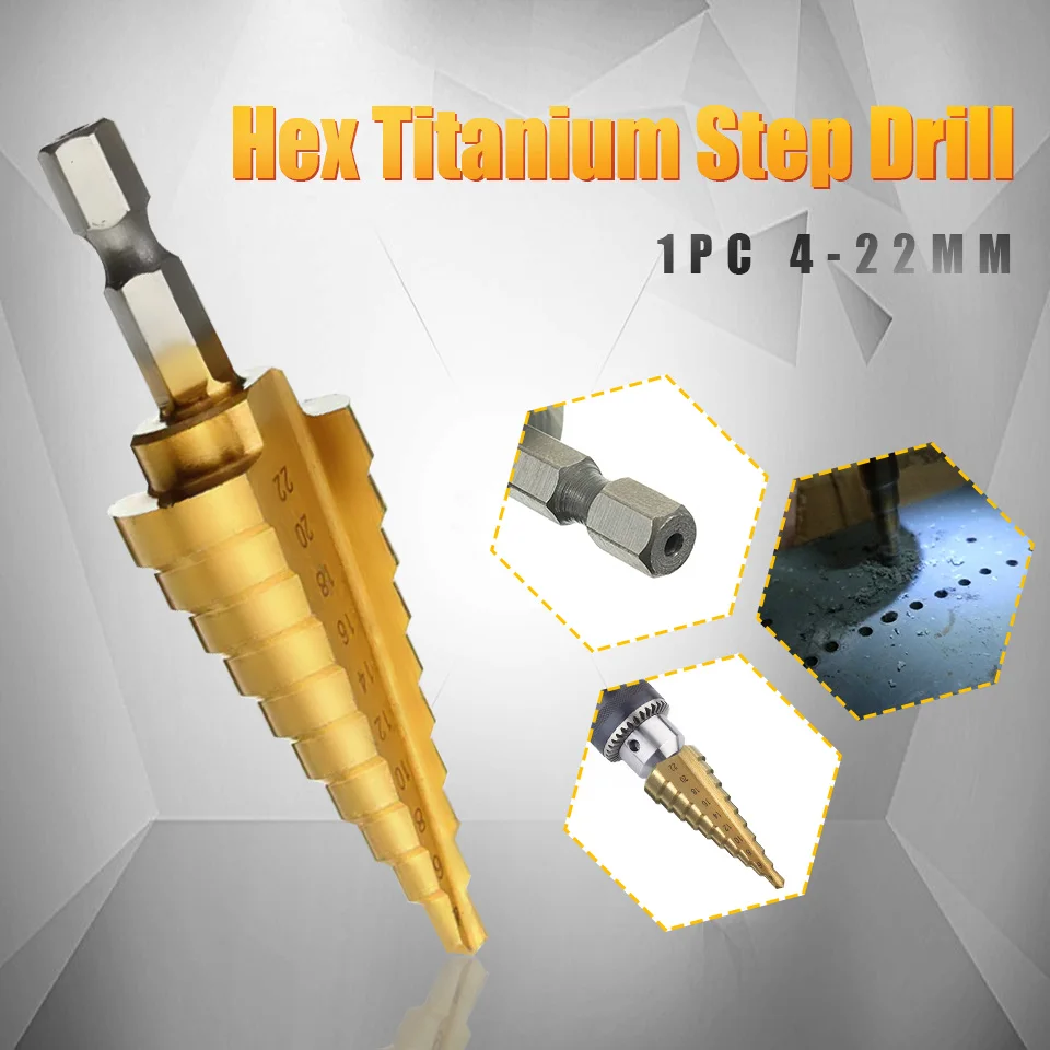 

1 PC Hex Titanium Step Cone Drill Bit 4-22MM Hole Cutter HSS For Sheet Metalworking Wood Drilling High Quality Woodworking Tools