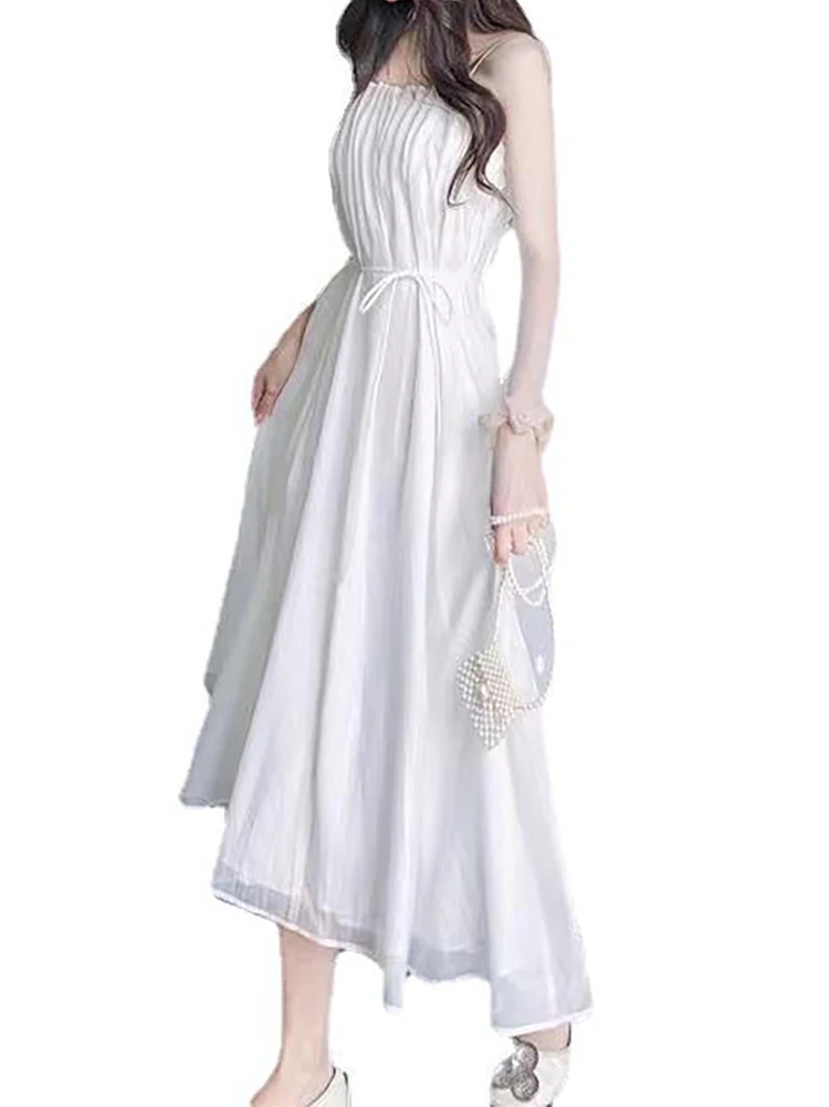 

Suspender Dress for Women In Summer 2023 Vintage Fairy Style Shows Thin and High Temperament Satin Silk Waist Long White Skirt