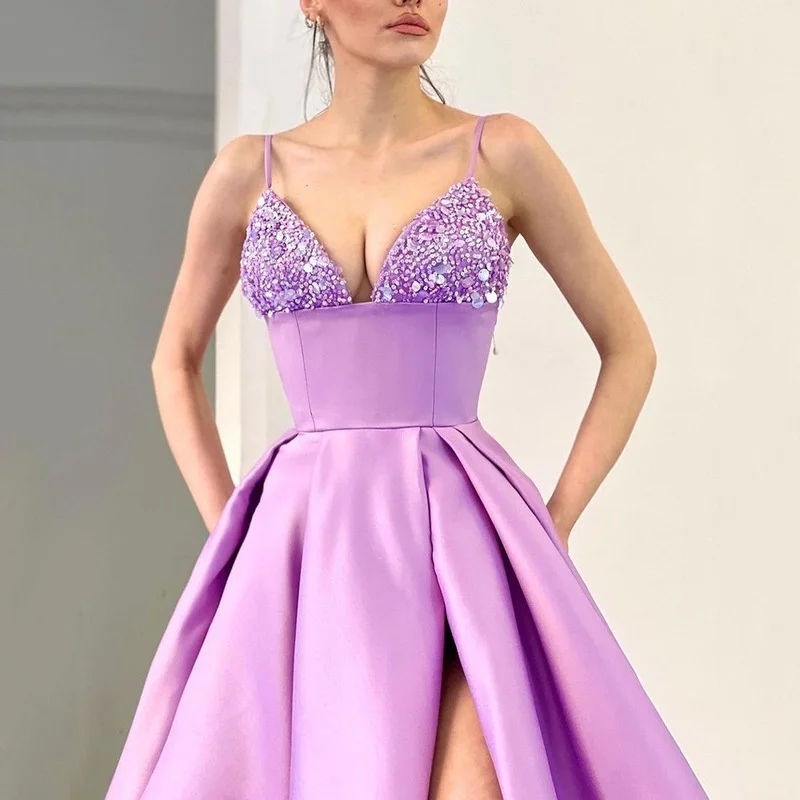 

Elegant Party Formal Dress Women Dress Summer Slim Stitching Dress Sexy Sequined Spaghetti Strap V-Neck Backless Slit Dress