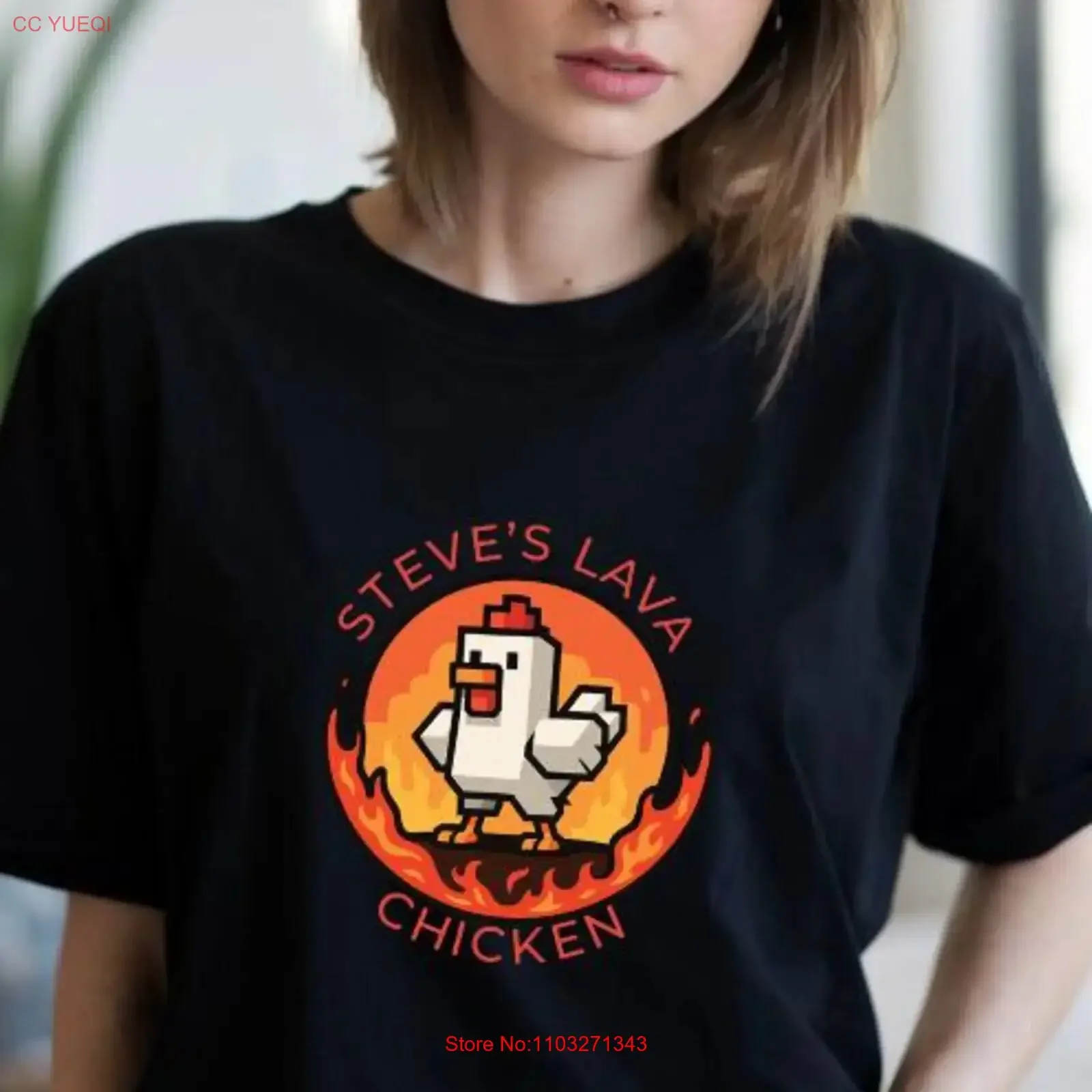 Фото Футболка Steve's Lava Chicken с забавным пиксельным рисунком в стиле ретро-геймеров, для него и для нее, винтажная, с эффектом потертости, дышащая, повседневная, мягкая, модная №1