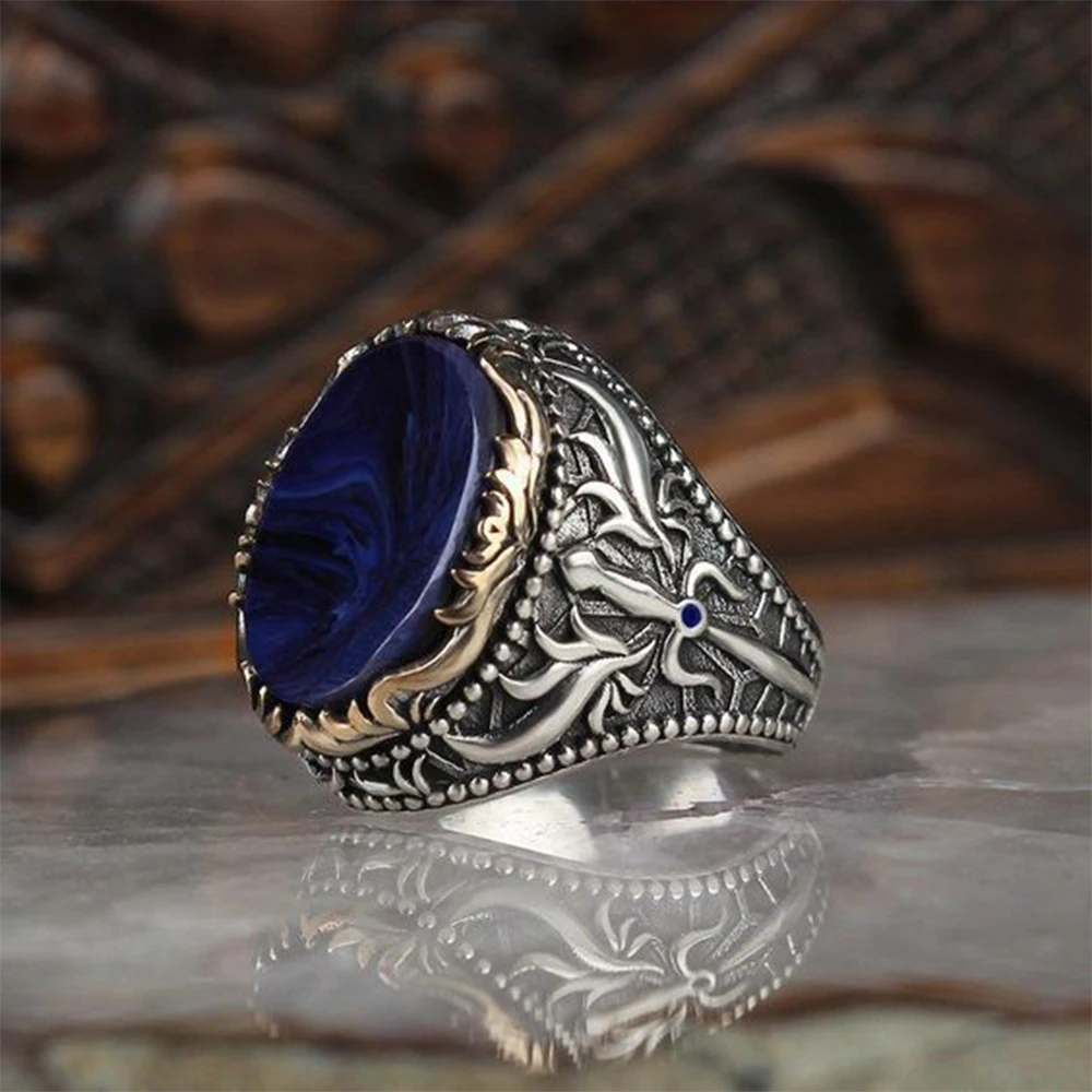 Bicolor Retro Carved Pattern Blue Zircon Stone Ring Turkish Handmade Ring for Women Punk Trendy Muslim Jewelry Anillos Mujer