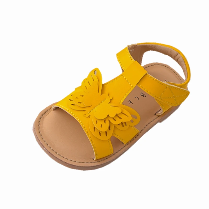 

13.5-18.5cm Cute Butterfly Toddler Girls Sandals,Solid Strap Little Princess Summer Shoes,Yellow Brown Open Toe Beach Sandals
