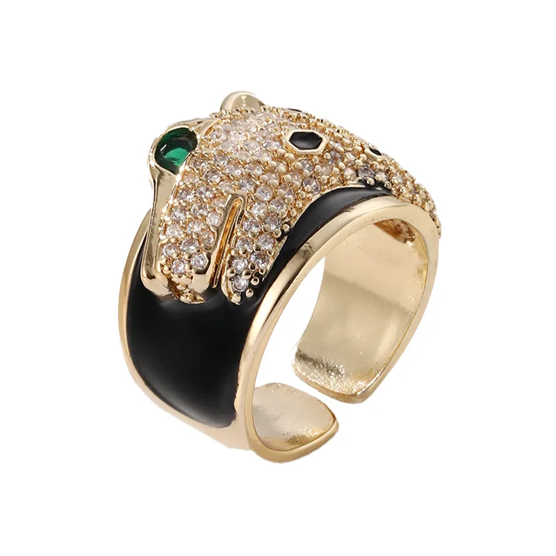

Western Original Design Oil Dripping Leopard Head Ring Copper Micro Inlaid Zircon 18K Gold Plating Wide Edge Open Ring
