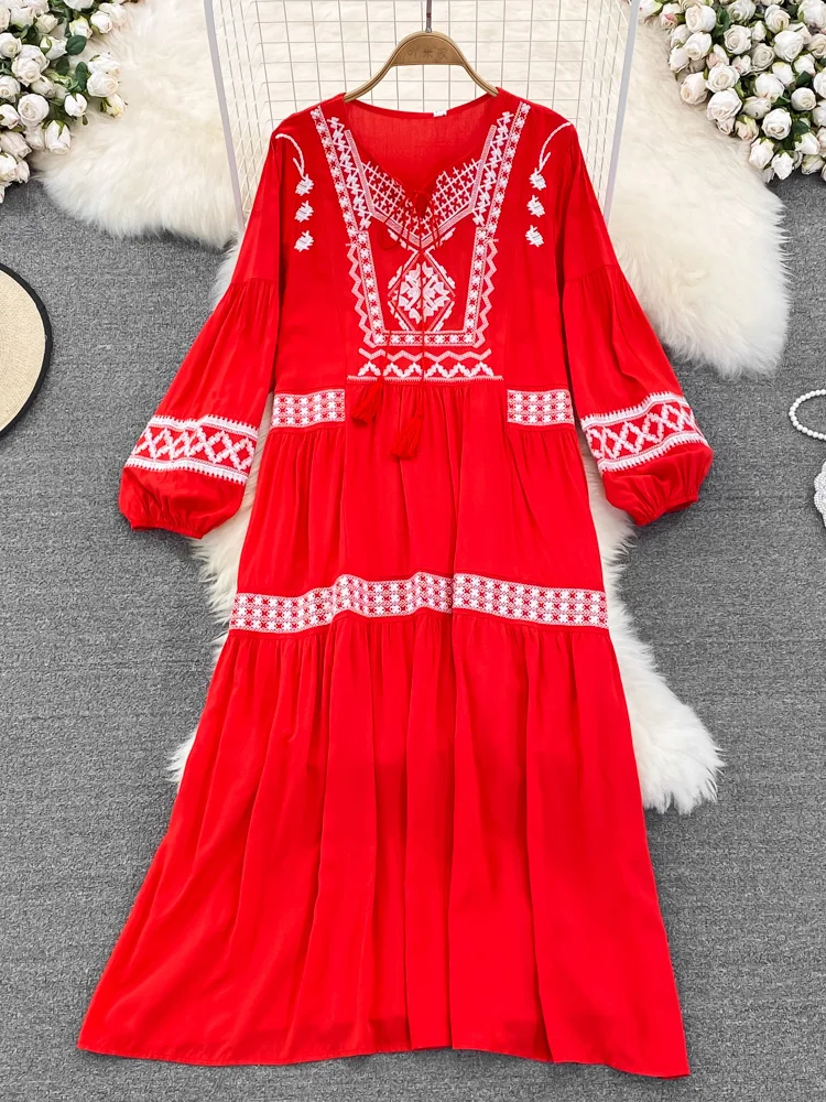 

Autumn Seaside Holiday Beach Long Dress High Waist Ethnic Style Embroidered A Word Large Swing Vestidos Women D1458