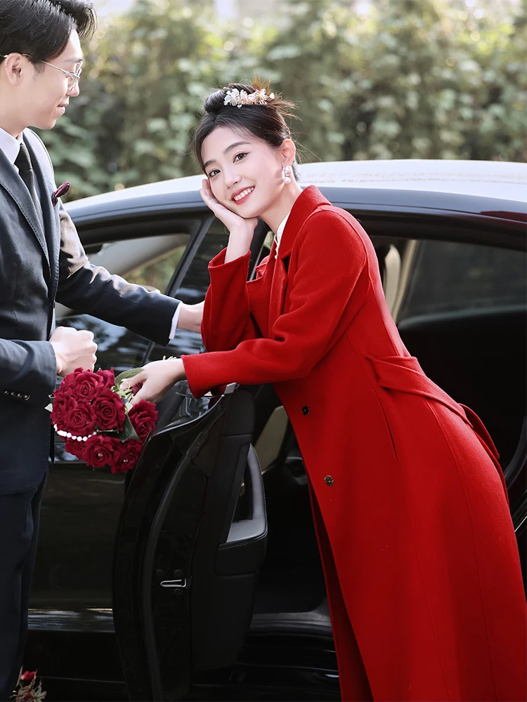 Новогоднее красное кашемировое пальто женское High Sense 2024 новинка 00% шерсть