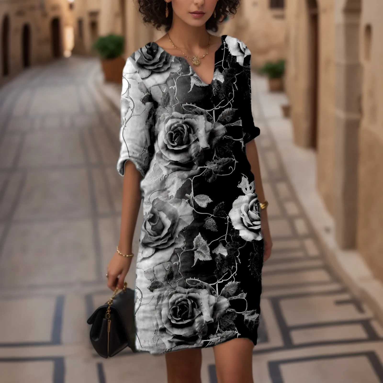 Винтажное платье с принтом летнее для отдыха V-образным вырезом и рукавом 3/4