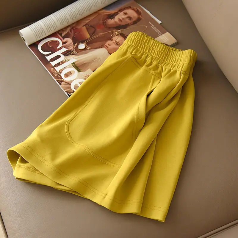 Summer New Elastic Waist Loose Wide Leg Shorts Solid Color Pockets Patchwork Hot Pants Simplicity Casual Women Clothing