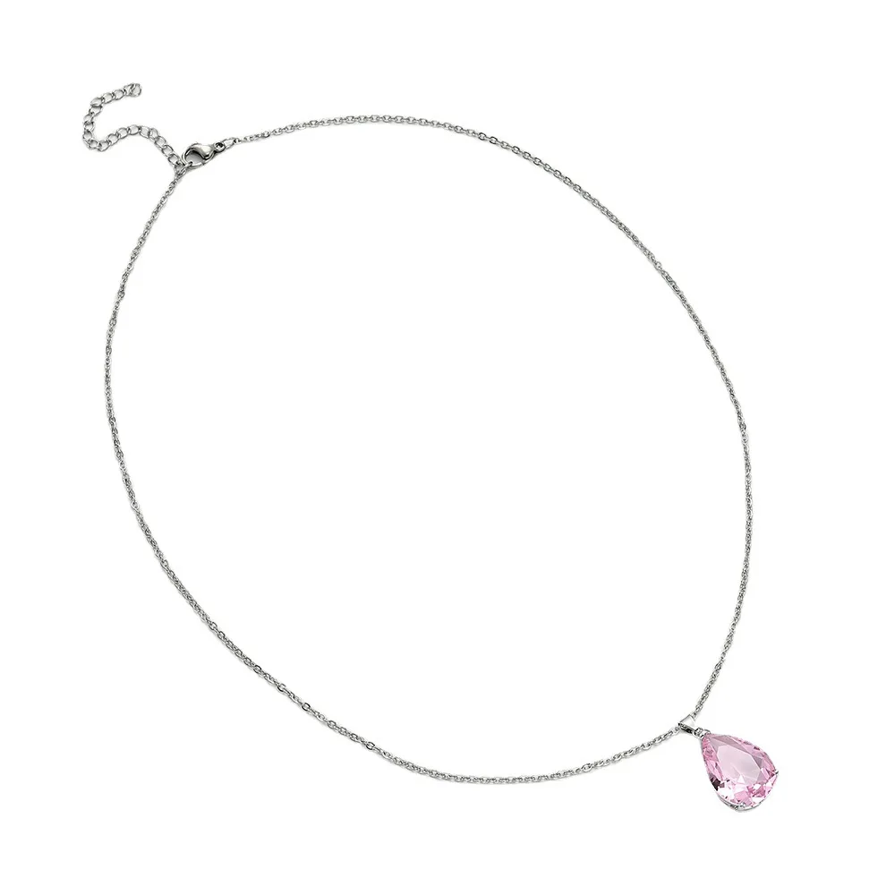 Luxury Simple Women's Necklace Charms Silver Colour Daily Wear Jewelry Pink Zircon Water Drop Pear Shaped Pendant Clavicle Chain
