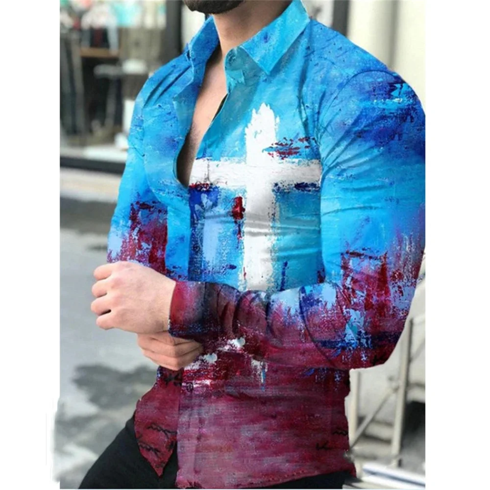 Top shirt clear graphic slim fit outdoor soft and comfortable fabric large size 2023 spring and summer trend new cross men's shi