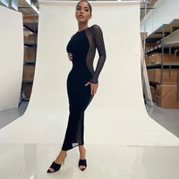 2022 new spring womens fashion solid color round neck long sleeve fleece mesh nightclub party stitching slim bodycon dress