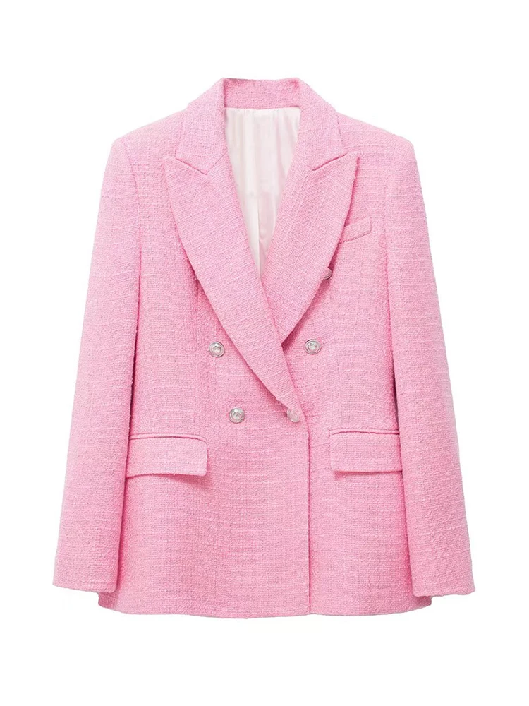 

2022 Women spring Jacket New Fashion Double Breasted Tweed Check Blazer Coat Vintage Long Sleeve Pockets Female Outerwear Chic