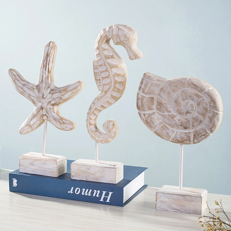 

Exquisite Starfish Conch Seahorse Figurines Mediterranean Style Wood Crafts Sculptures Decoration for Home Living Room