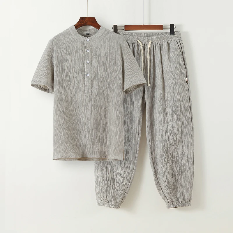 

Summer Men's Ice Silk T-shirt Plus Trousers Two-piece Chinese-style Solid Color Stretch Yoga Beach Nine-point Pants Suit