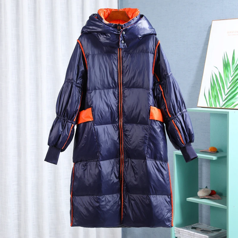 Standing Collar Hooded Loose Youth Straight Long White Duck Down Coat 2022 Winter New Fashion Down Jacket