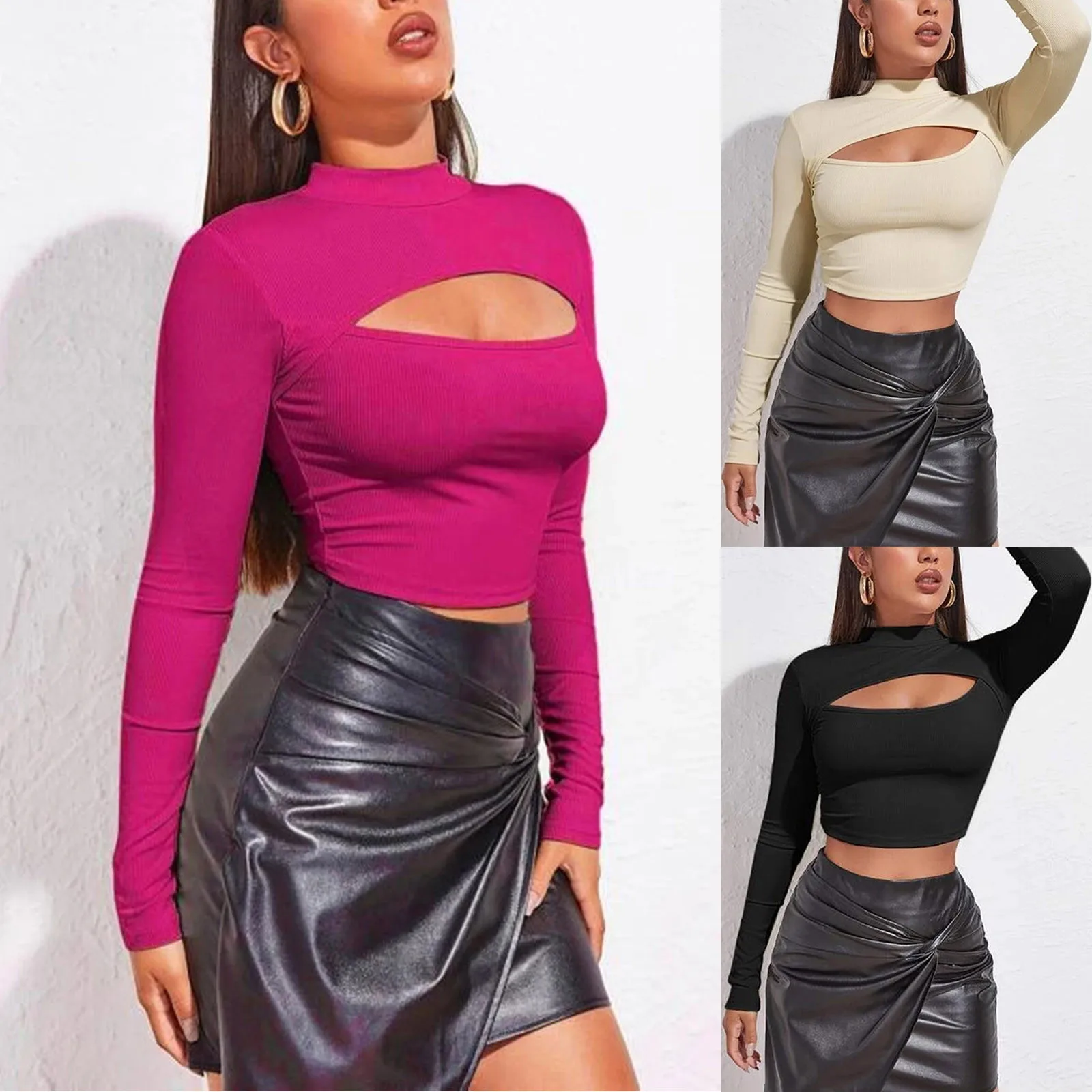 

Women Round Neck Long Sleeve Pullover Hollow Solid Sexy Slim Tee for Women Loose Workout Shirts Women Woman's Summer Tops