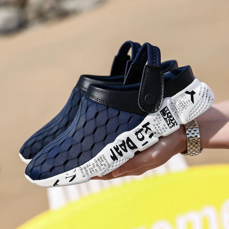 Summer Mens Mesh Sandals Breathable Slippers Lightweight Half Flip Flop Male Fashion Slip-on Outdoor Hole Sandals Beach Shoes