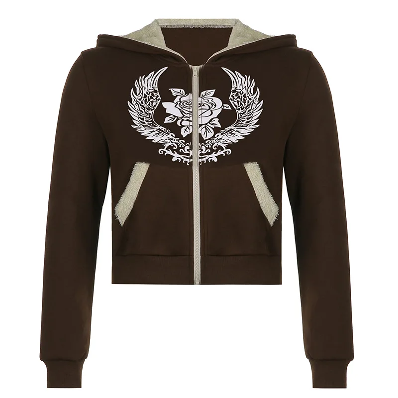 

2022 Autumn Women's Slim Short Coat Rose Wings Print Hooded Lamb Wool Sweatshirt Harajuku Streetwear Long Sleeve Hooded Tops