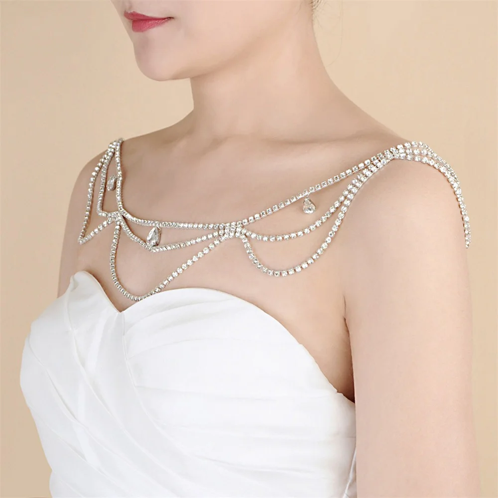 

Luxury Crystal Wedding Shoulder Chain Necklace Handmade Rhinestone Pageant Party Prom Body Chain Accessories for Women Gift