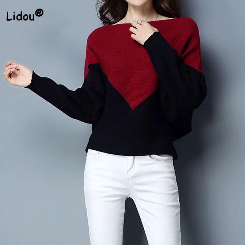 

Korean Fashion Autumn Winter Women Color Blocking One Word Collar Loose Bat Shirt Sweater Long Sleeve Knitted Pullover Tops