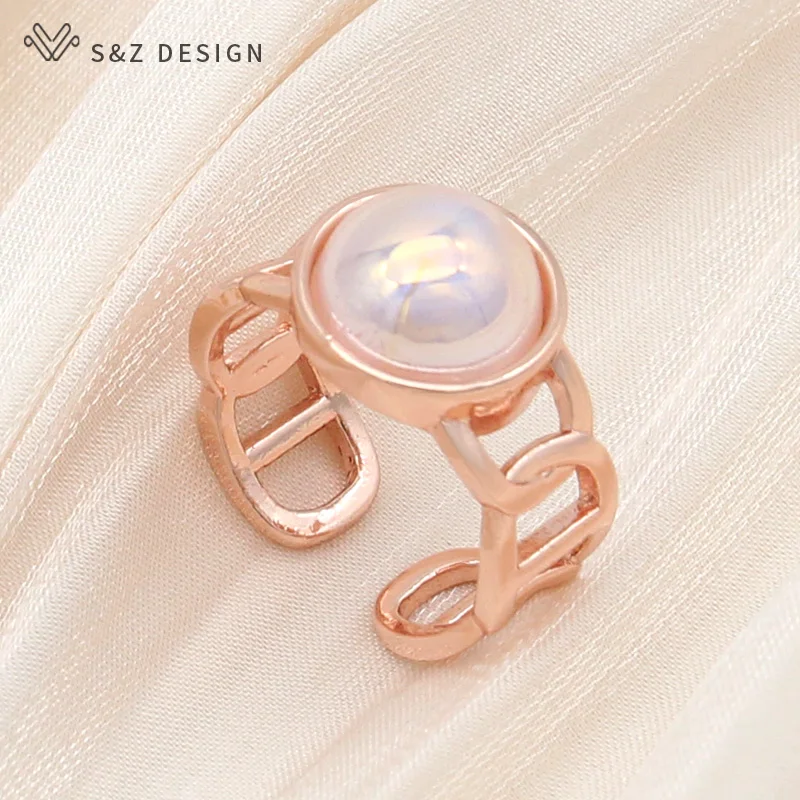 Купи S&Z DESIGN New Fashion 585 Rose Gold Round Simulated-pearl Resizable Rings For Women Girl Wedding Party Temperament Jewelry Gift за 219 рублей в магазине AliExpress