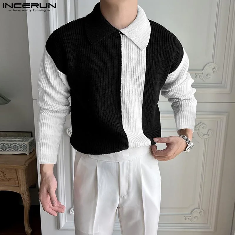 

Tops 2023 Korean Style New Mens Contrast Knitting Pullovers Casual Streetwear All-match Long-sleeved Lapel Sweater S-5XL