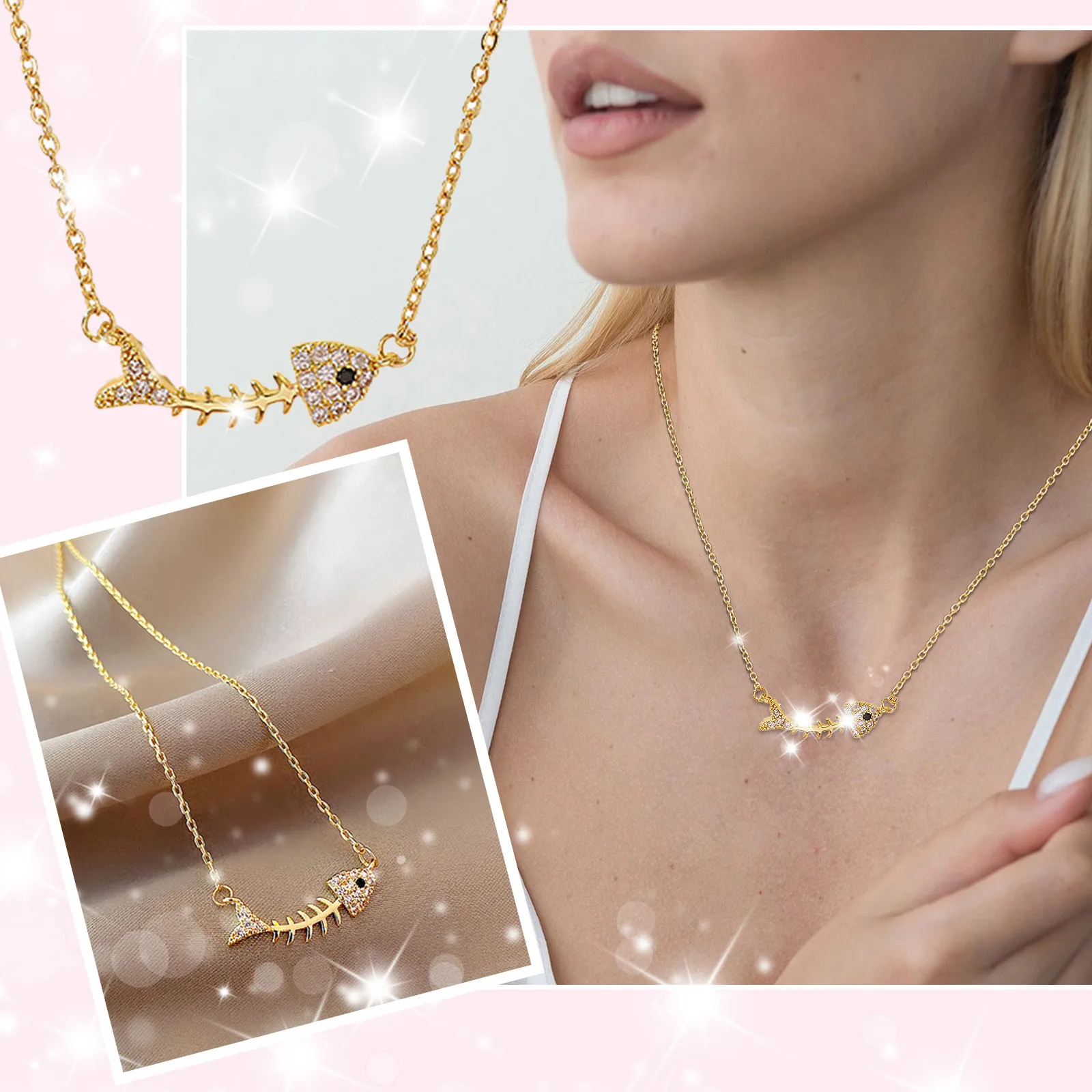 

Fashion Personality Fish Bone Zircon Non Fading Necklace Girl Creative Necklace Delicate Necklaces for Women