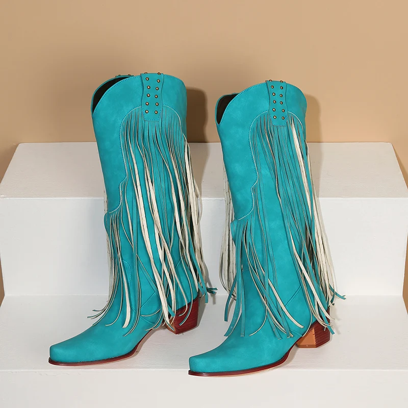 

Retro Western Tassels Fringe Cowboy Cowgirl Boots for Women 2022 Vintage Women Casual Knee High Boots Big Size 40 41 Women Shoes