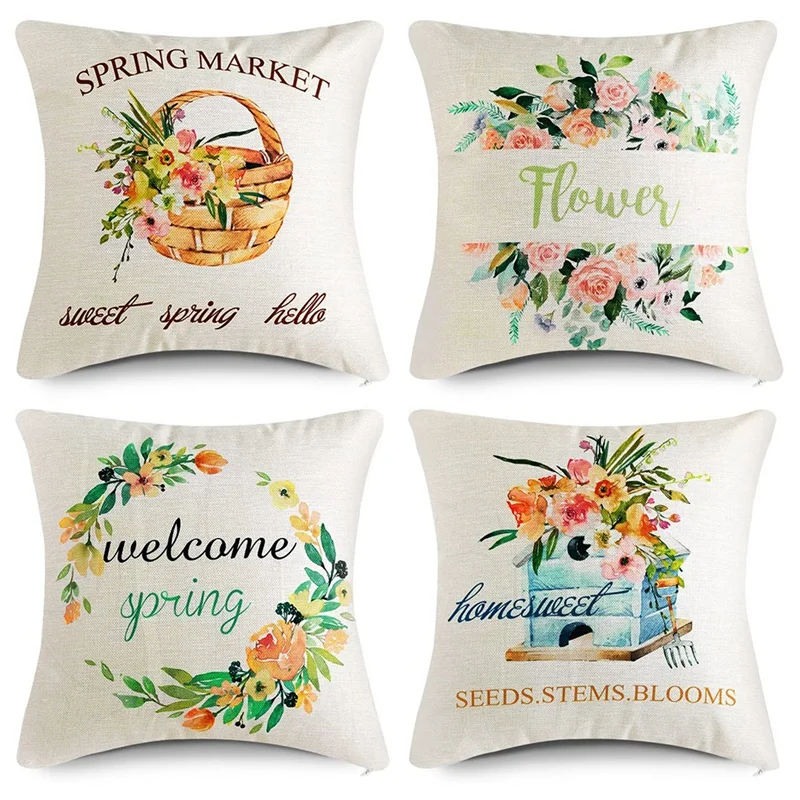 

Набор из 4 наволочек на весеннюю подушку 18 х18, весенние украшения с цветами, весенние декоративные подушки для дома
