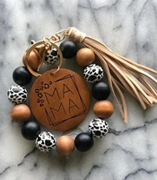 2pcs silica mama print wooden beads keychain wristlet with pu leather tassel keychains for mother day gift bag accessories