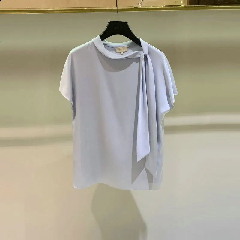 Блузка женская шифоновая с коротким рукавом Офисная модная атласная рубашка из