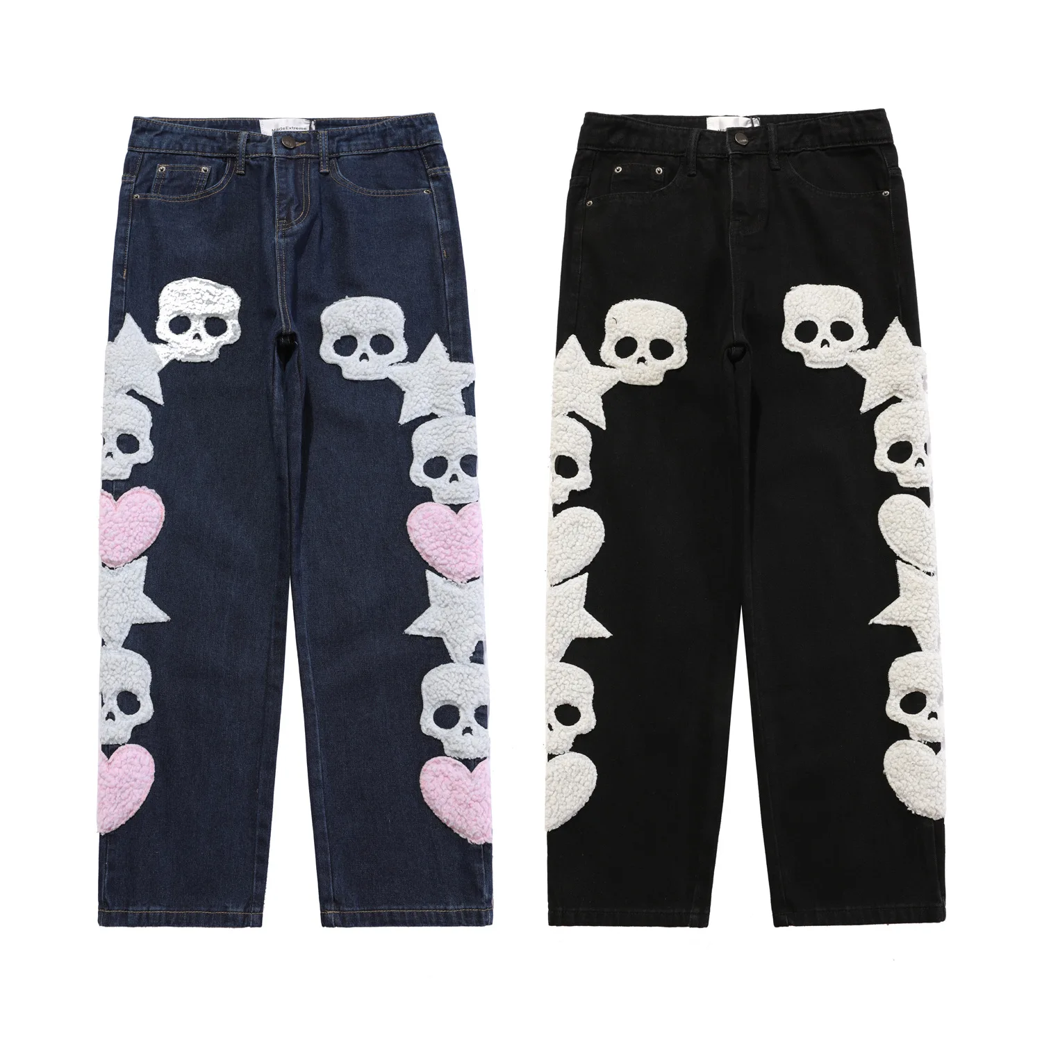 HOUZHOU Y2K Jeans Pants Men Punk Skeleton Skull Denim Trousers Male Distressed Embroidery Hip Hop American Streetwear Freaknik
