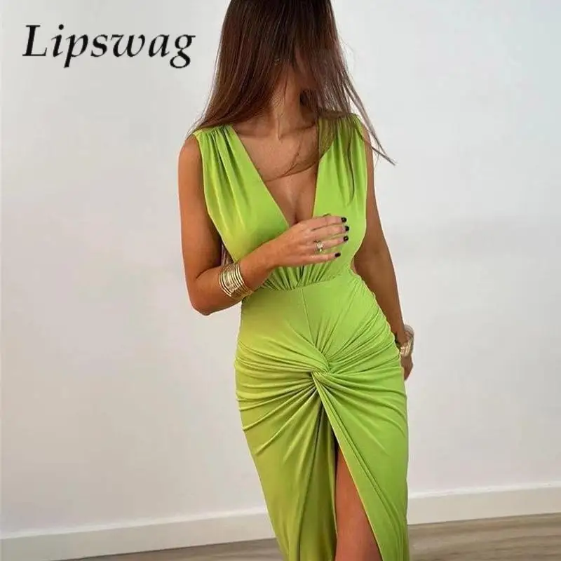 

Elegant Lady Twist High Split Bodycon Party Dresses Women Sexy Deep V Neck Long Dress Fashion Sleeveless Backless Evening Dress