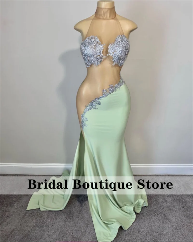 

Sexy Illusion Mermaid Prom Dress 2022 For Black Girls Beads Rhineston Halter Aso Ebi Party Gown Robe De Bal