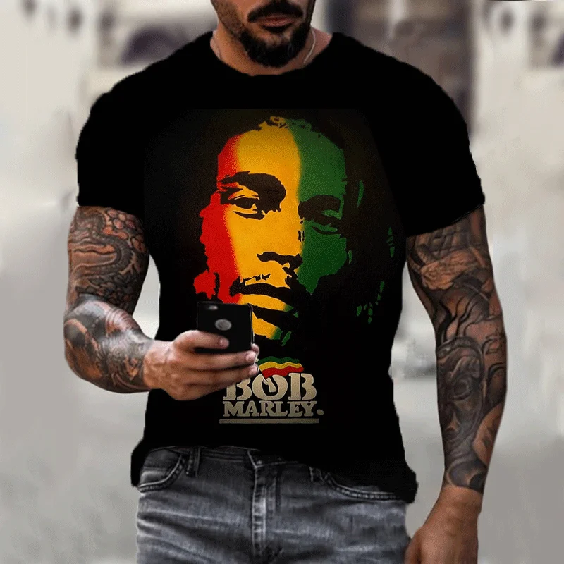 

Summer Men's New Bob Marley 3D Printed T-Shirt Short Sleeve Fashion Casual Breathable Oversized Trendy Pop Rapper Top