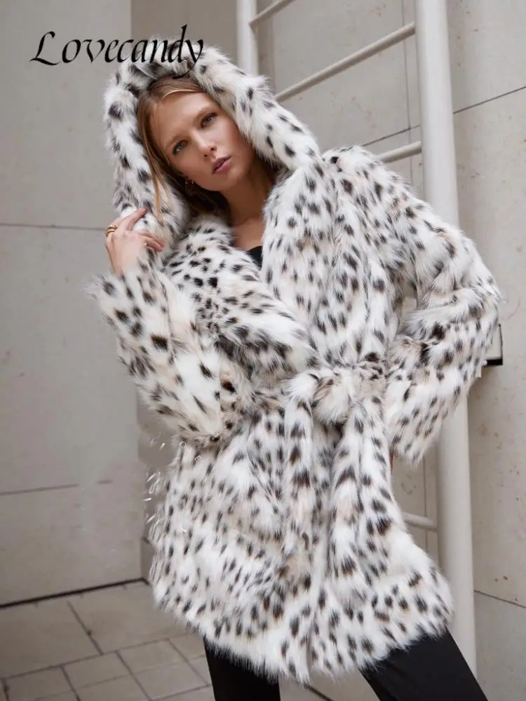 

Faux Fur Coats With Hat Pocket Womens Winter Warm Fake Fur Belt Long Trench Coat Woman Fashion Pattern Printed Long Jackets
