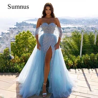 sky blue off shoulder mermaid sequined evening prom dress for women sweetheart high slit sexy party gown detachable train