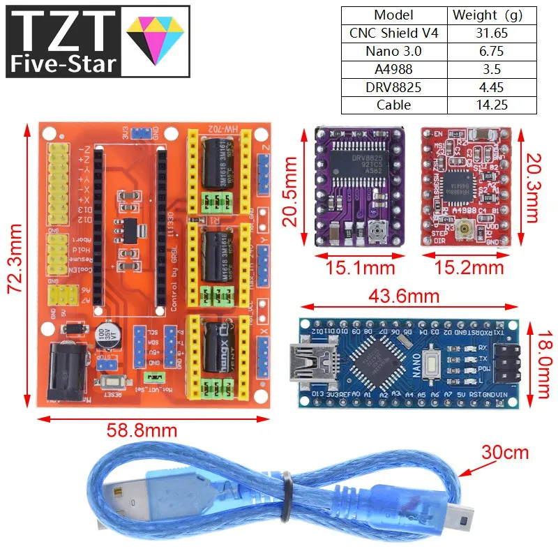 TZT 1 комплект 3DV4 CNC Shield V4 + Nano 3 0 шт. DRV8825 или A4988 Reprap Stepper для Arduino | Электронные