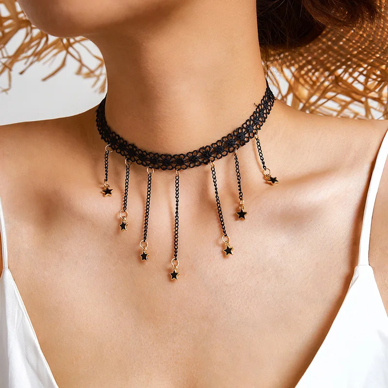 

New 2022 Lace Flower Woven Choker Star Chain Tassel Clavicle Chain