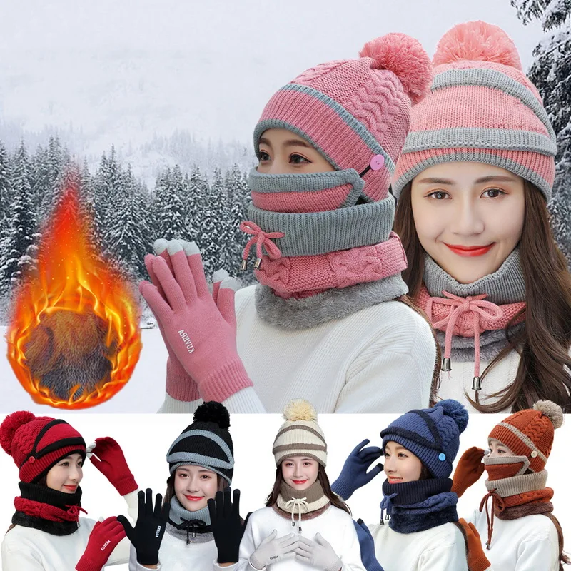 

4pcs Set Knitted Beanies Hats Scaves Gloves Winter Women Thick Warm Beanie Skullies Hat Female Bonnet Beanie Caps Ski Sets