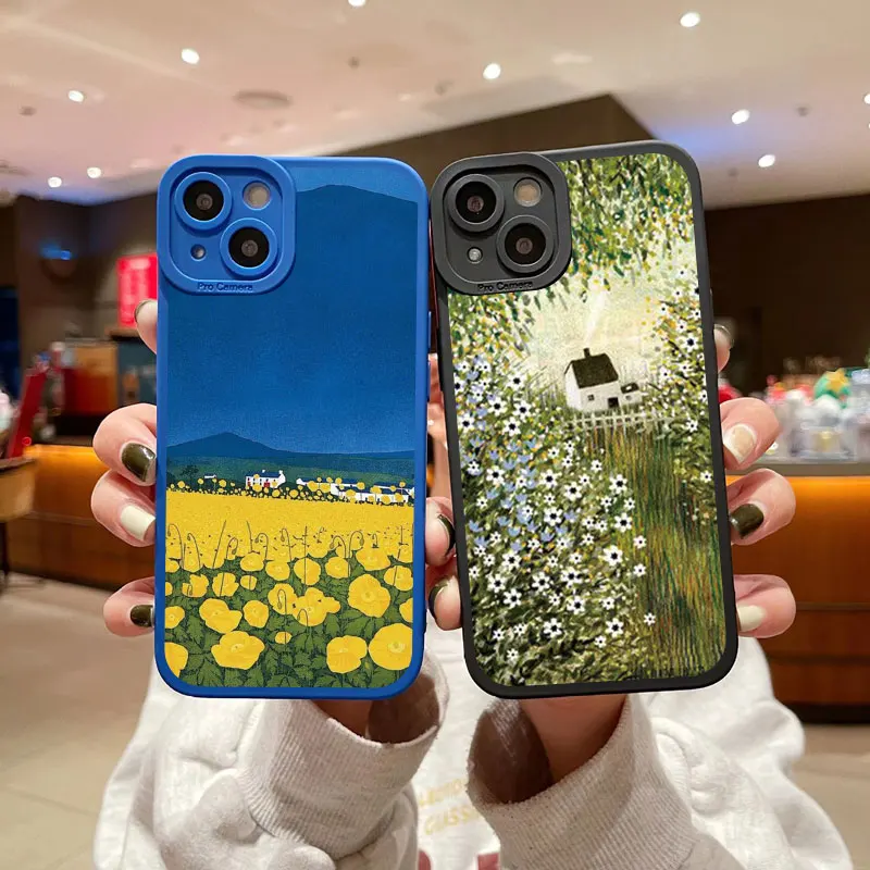 

Retro Rural Scenery Painted Phone Case For iphone 7 8 Plus X XS XR 14 12 13 11 Pro Max Large Flower Fields Log Cabin Soft Covers