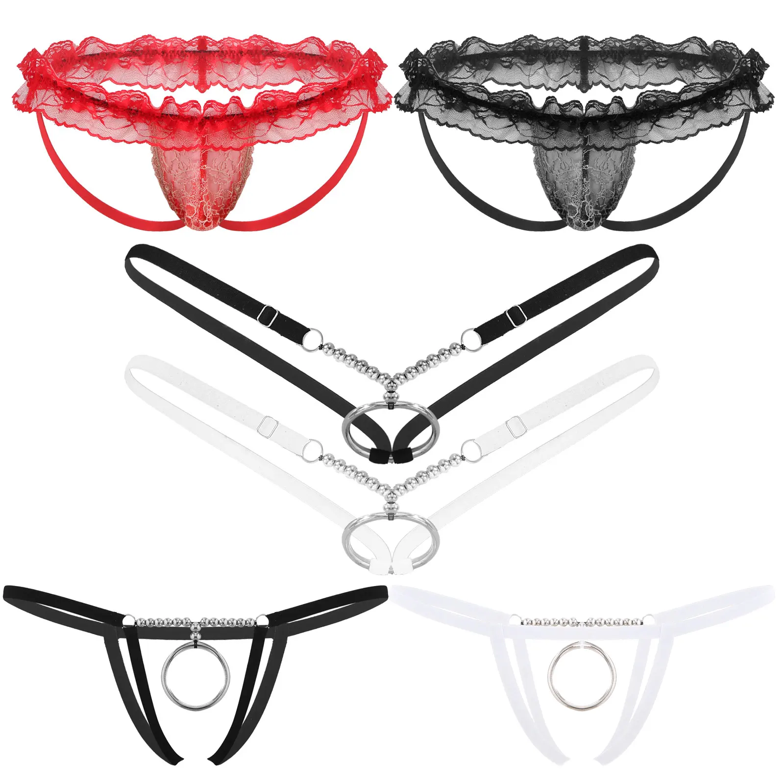 

Sexy Mens Erotic Lingerie Underwear Beaded O Ring See Through Lace Bulge Pouch Underwear Sissy Briefs Low Waist Open Butt Thongs