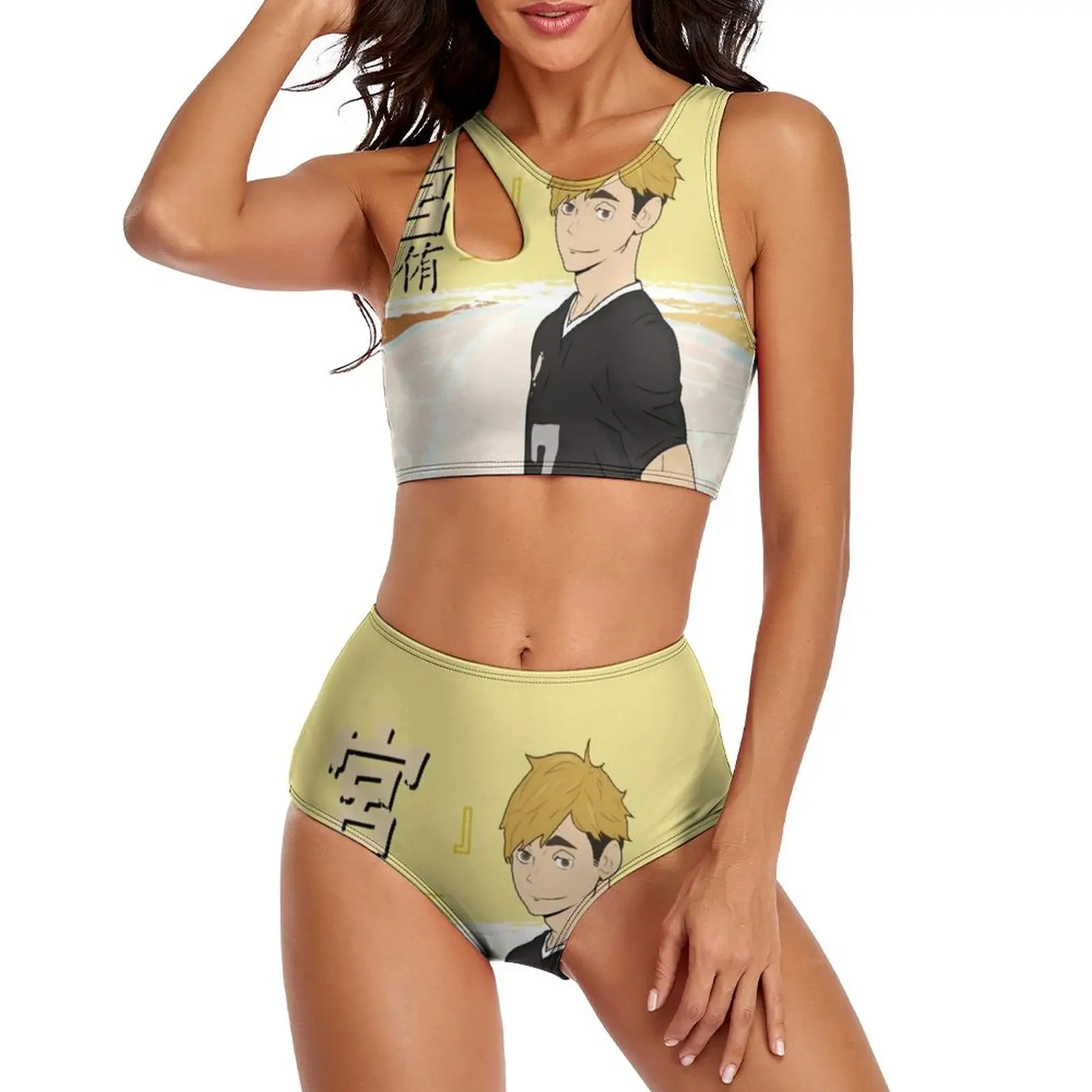 

Сексуальный комплект бикини Miya Atsumu с аниме, женское бикини, забавный купальник бикини Haikyuu с высокой талией, купальный костюм большого разме...