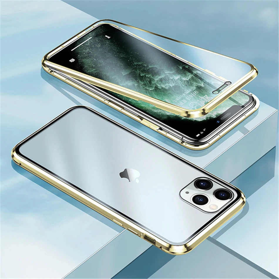 

Magnetic Adsorption Metal Phone Case For iPhone 11 12 13 14 X XS Pro Max XR Mini Case New 360 Full Protection Glass iphone Cover