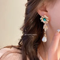 925 silver needle diamond emerald flower pearl earrings retro temperament earrings earrings new earrings for women