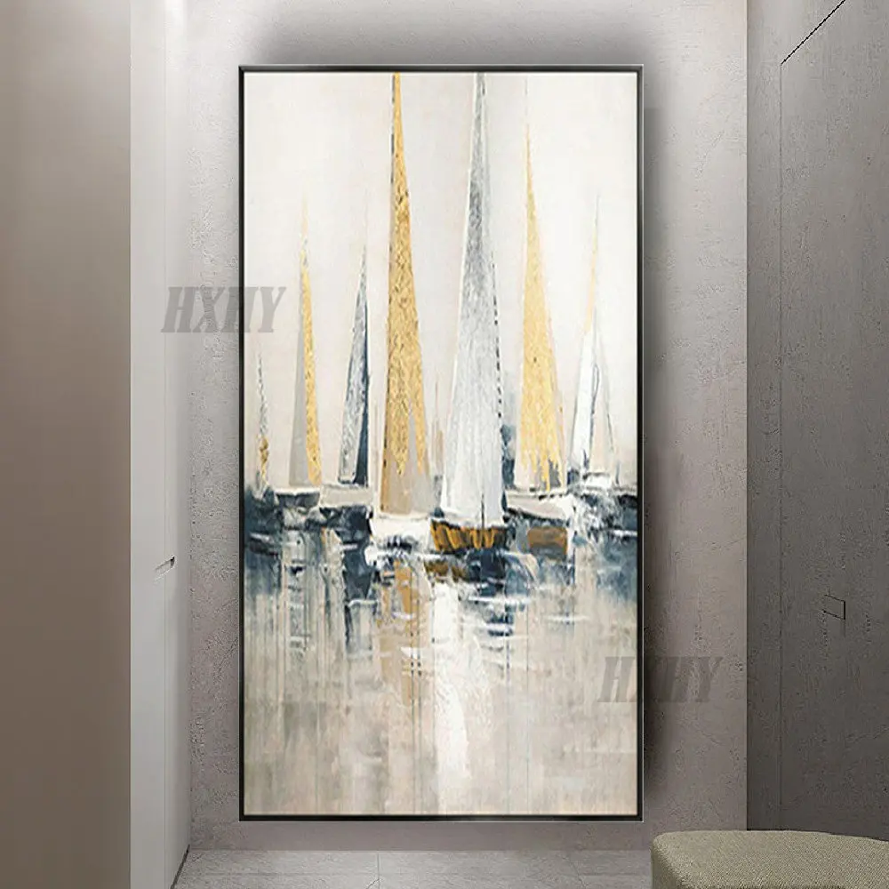 

Classic Oil Painting Modern Luxurious Gold Ship Wall Art Picture Handmade Canvas Image Pendant For Living Room Home Decor Gift