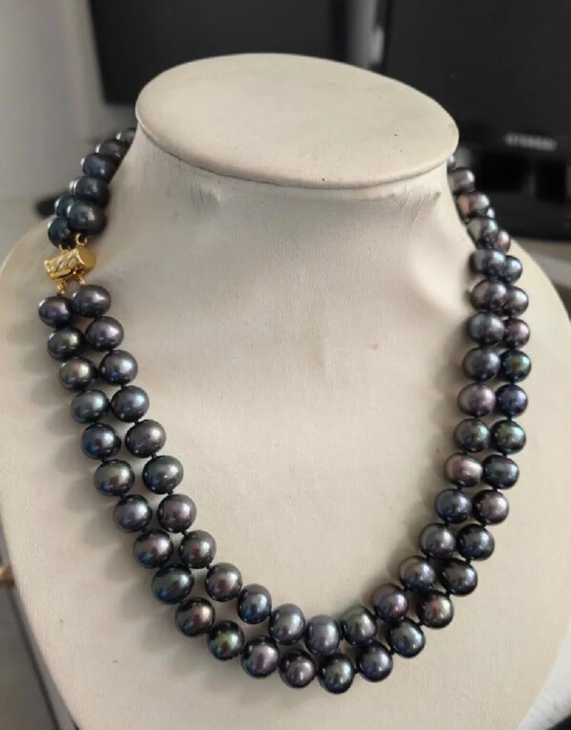 

Double Strand AAA 10-11mm Natural South China Sea Black Pearl Necklace 18 inch 14K Clip Buckle