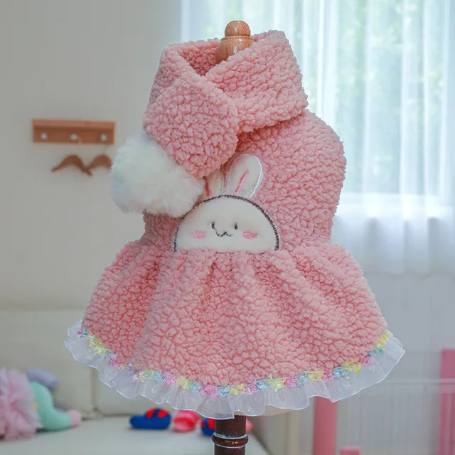 Pink Fleece Girl Pet Dresses Dog Clothes Autumn Winter Thicken Warm Chihuahua Maltese Cat Coat Jacket Costumes Puppy Animal Pugs 2